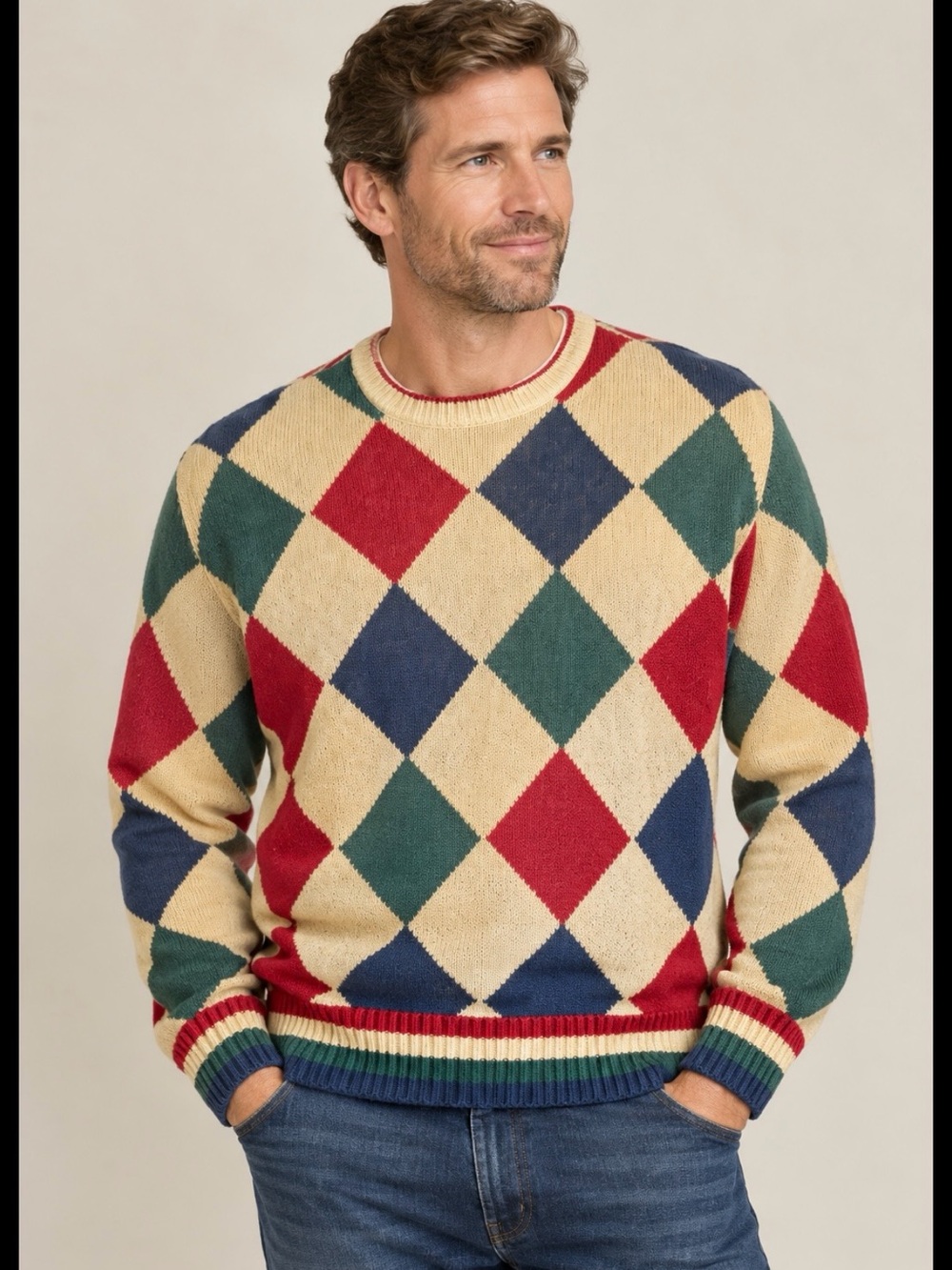 Vintage Aureus Cream Argyle Crewneck Sweater with Red, Blue & Green Diamonds